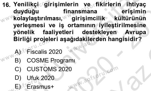 Sosyal Bilimlerde Proje Yönetimi Dersi 2020 - 2021 Yılı Yaz Okulu Sınavı 16. Soru