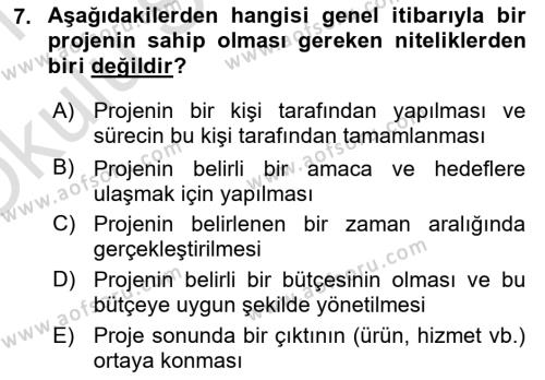 Sosyal Bilimlerde Proje Yönetimi Dersi 2020 - 2021 Yılı Yaz Okulu Sınavı 7. Soru