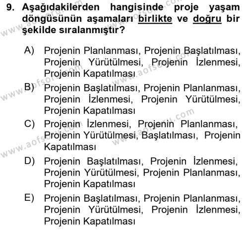 Sosyal Bilimlerde Proje Yönetimi Dersi 2020 - 2021 Yılı Yaz Okulu Sınavı 9. Soru