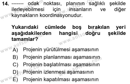 Sosyal Bilimlerde Proje Yönetimi Dersi 2021 - 2022 Yılı (Final) Dönem Sonu Sınavı 14. Soru