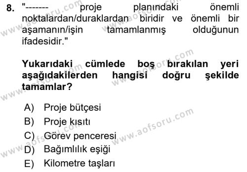 Sosyal Bilimlerde Proje Yönetimi Dersi 2021 - 2022 Yılı (Final) Dönem Sonu Sınavı 8. Soru