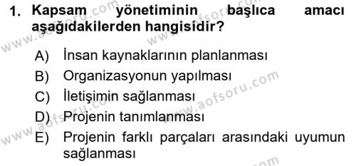 Sosyal Bilimlerde Proje Yönetimi Dersi 2021 - 2022 Yılı Yaz Okulu Sınavı 1. Soru