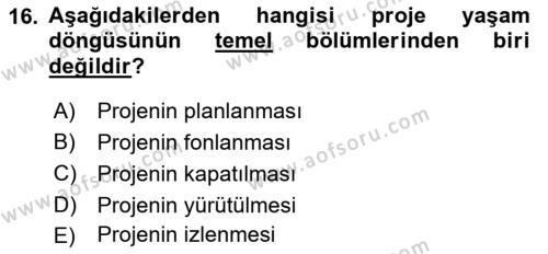 Sosyal Bilimlerde Proje Yönetimi Dersi 2021 - 2022 Yılı Yaz Okulu Sınavı 16. Soru