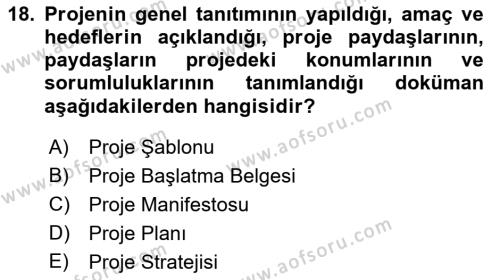 Sosyal Bilimlerde Proje Yönetimi Dersi 2021 - 2022 Yılı Yaz Okulu Sınavı 18. Soru