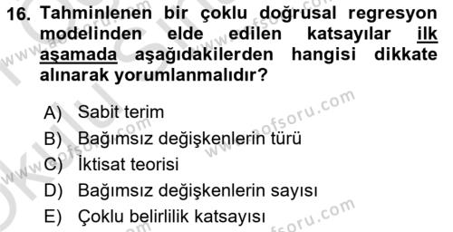 Ekonometrinin temelleri Dersi 2020 - 2021 Yılı Yaz Okulu Sınavı 16. Soru