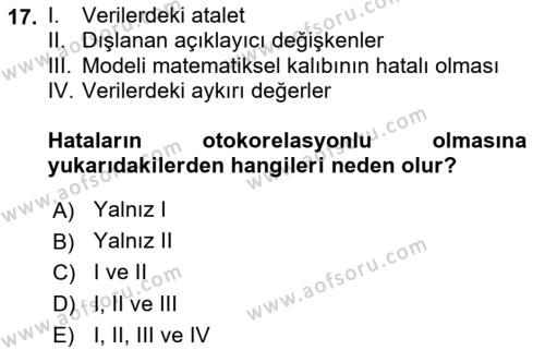 Ekonometrinin temelleri Dersi 2020 - 2021 Yılı Yaz Okulu Sınavı 17. Soru