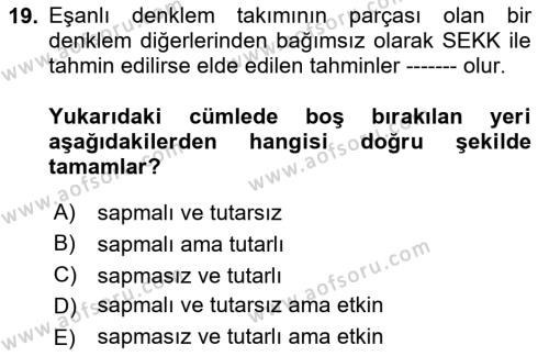 Ekonometrinin temelleri Dersi 2020 - 2021 Yılı Yaz Okulu Sınavı 19. Soru