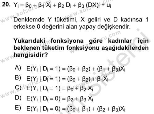 Ekonometrinin temelleri Dersi 2020 - 2021 Yılı Yaz Okulu Sınavı 20. Soru