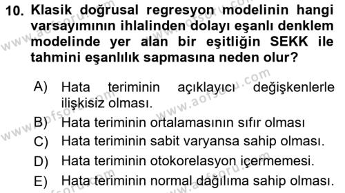 Ekonometrinin temelleri Dersi 2021 - 2022 Yılı (Final) Dönem Sonu Sınavı 10. Soru