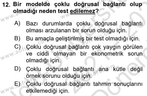 Ekonometrinin temelleri Dersi 2021 - 2022 Yılı (Final) Dönem Sonu Sınavı 12. Soru