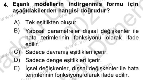 Ekonometrinin temelleri Dersi 2021 - 2022 Yılı (Final) Dönem Sonu Sınavı 4. Soru