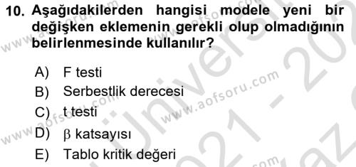 Ekonometrinin temelleri Dersi 2021 - 2022 Yılı Yaz Okulu Sınavı 10. Soru