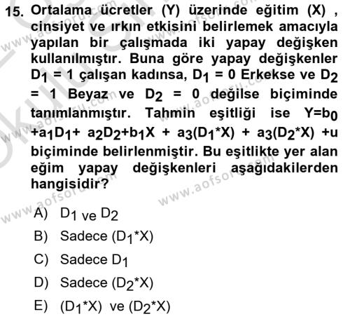 Ekonometrinin temelleri Dersi 2021 - 2022 Yılı Yaz Okulu Sınavı 15. Soru