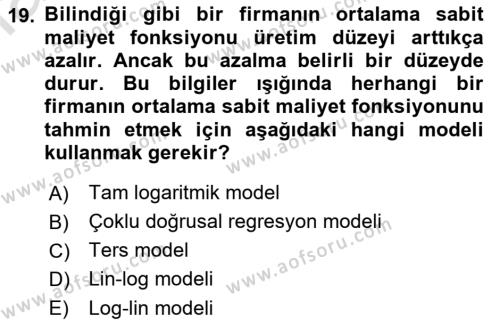 Ekonometrinin temelleri Dersi 2021 - 2022 Yılı Yaz Okulu Sınavı 19. Soru