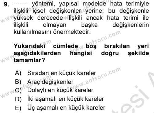 Ekonometrinin temelleri Dersi 2021 - 2022 Yılı Yaz Okulu Sınavı 9. Soru