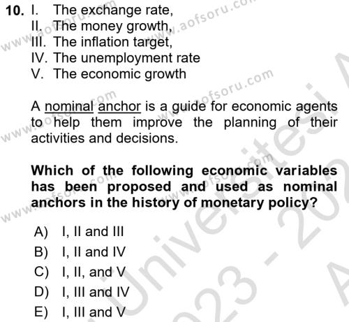 Monetary Theory and Policy Dersi 2023 - 2024 Yılı (Vize) Ara Sınavı 10. Soru