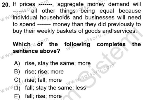 Monetary Theory and Policy Dersi 2023 - 2024 Yılı (Vize) Ara Sınavı 20. Soru