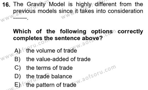 International Economics 1 Dersi 2024 - 2025 Yılı (Vize) Ara Sınavı 16. Soru