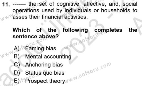 Behavioral Economics Dersi 2023 - 2024 Yılı (Vize) Ara Sınavı 11. Soru