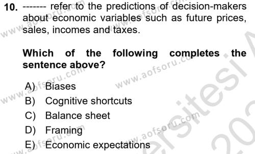 Behavioral Economics Dersi 2023 - 2024 Yılı Yaz Okulu Sınavı 10. Soru