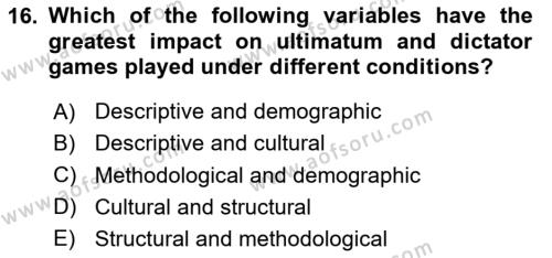 Behavioral Economics Dersi 2023 - 2024 Yılı Yaz Okulu Sınavı 16. Soru