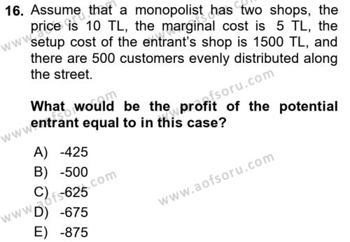 Industrial Economics Dersi 2023 - 2024 Yılı (Final) Dönem Sonu Sınavı 16. Soru