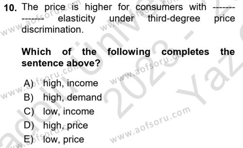 Industrial Economics Dersi 2023 - 2024 Yılı Yaz Okulu Sınavı 10. Soru