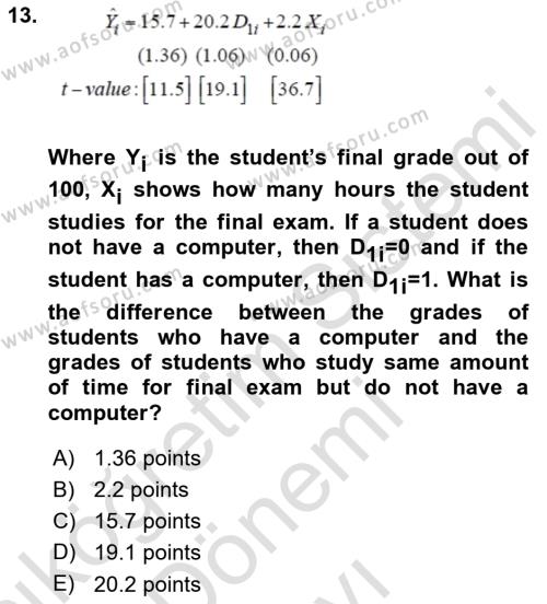 Econometrics 1 Dersi 2023 - 2024 Yılı (Final) Dönem Sonu Sınavı 13. Soru