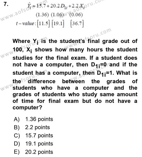 Econometrics 1 Dersi 2023 - 2024 Yılı Yaz Okulu Sınavı 7. Soru