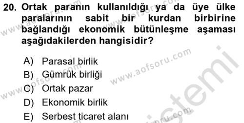 Avrupa Birliği Dersi 2020 - 2021 Yılı Yaz Okulu Sınavı 20. Soru