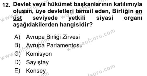 Avrupa Birliği Dersi 2021 - 2022 Yılı (Vize) Ara Sınavı 12. Soru