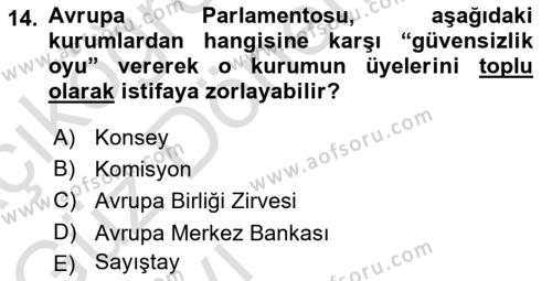 Avrupa Birliği Dersi 2021 - 2022 Yılı (Vize) Ara Sınavı 14. Soru