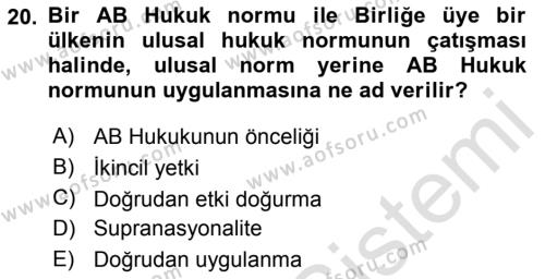 Avrupa Birliği Dersi 2021 - 2022 Yılı (Vize) Ara Sınavı 20. Soru