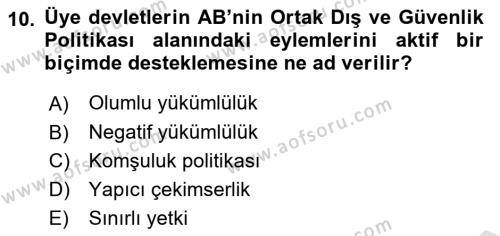 Avrupa Birliği Dersi 2021 - 2022 Yılı (Final) Dönem Sonu Sınavı 10. Soru