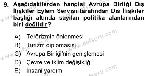 Avrupa Birliği Dersi 2021 - 2022 Yılı (Final) Dönem Sonu Sınavı 9. Soru