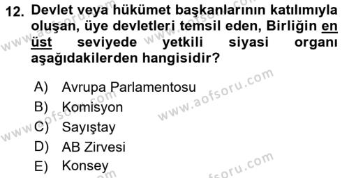 Avrupa Birliği Dersi 2022 - 2023 Yılı (Vize) Ara Sınavı 12. Soru