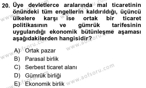 Avrupa Birliği Dersi 2022 - 2023 Yılı (Final) Dönem Sonu Sınavı 20. Soru