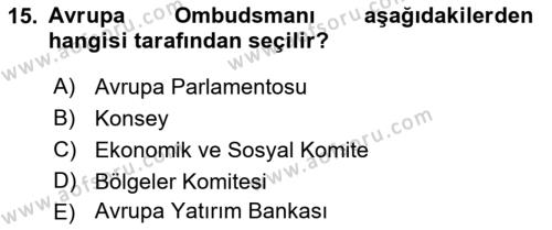 Avrupa Birliği Dersi 2023 - 2024 Yılı (Vize) Ara Sınavı 15. Soru