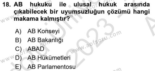 Avrupa Birliği Dersi 2023 - 2024 Yılı (Vize) Ara Sınavı 18. Soru