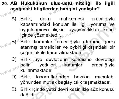 Avrupa Birliği Dersi 2023 - 2024 Yılı (Vize) Ara Sınavı 20. Soru