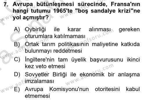 Avrupa Birliği Dersi 2023 - 2024 Yılı (Vize) Ara Sınavı 7. Soru