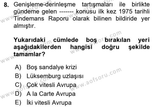 Avrupa Birliği Dersi 2023 - 2024 Yılı (Vize) Ara Sınavı 8. Soru