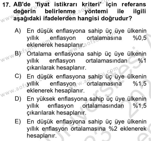 Avrupa Birliği Dersi 2023 - 2024 Yılı (Final) Dönem Sonu Sınavı 17. Soru