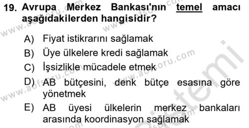 Avrupa Birliği Dersi 2023 - 2024 Yılı (Final) Dönem Sonu Sınavı 19. Soru