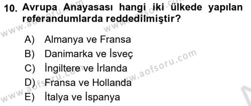 Avrupa Birliği Dersi 2024 - 2025 Yılı (Vize) Ara Sınavı 10. Soru