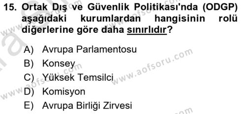 Avrupa Birliği Dersi 2024 - 2025 Yılı (Vize) Ara Sınavı 15. Soru