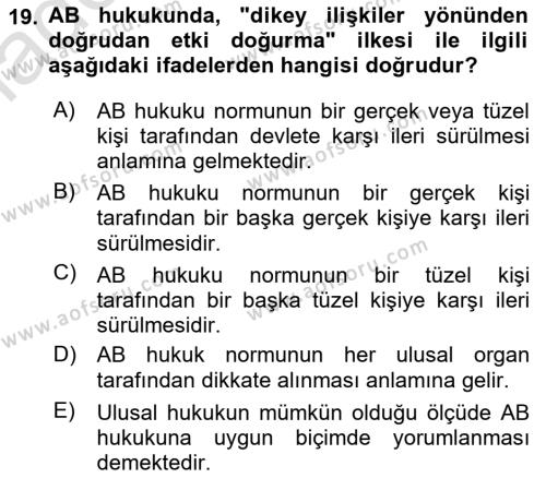 Avrupa Birliği Dersi 2024 - 2025 Yılı (Vize) Ara Sınavı 19. Soru