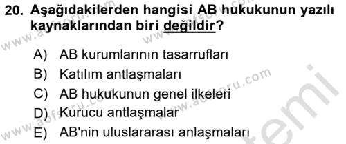 Avrupa Birliği Dersi 2024 - 2025 Yılı (Vize) Ara Sınavı 20. Soru