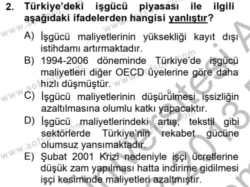 Türkiye Ekonomisi Dersi 2012 - 2013 Yılı (Final) Dönem Sonu Sınavı 2. Soru