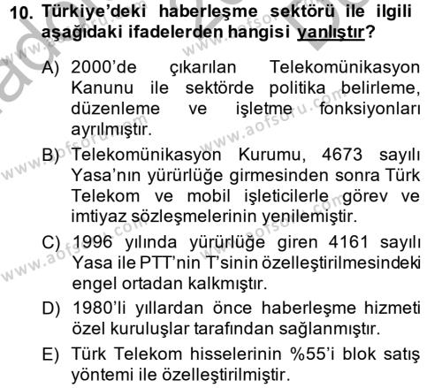 Türkiye Ekonomisi Dersi 2014 - 2015 Yılı (Final) Dönem Sonu Sınavı 10. Soru